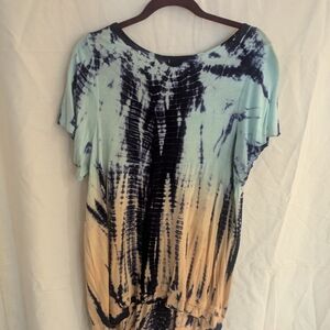 ONE WORLD Green and Orange Pleated Short Sleeve Top